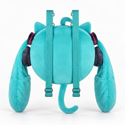Back of NyaNya plush ita backpack with adjustable teal straps