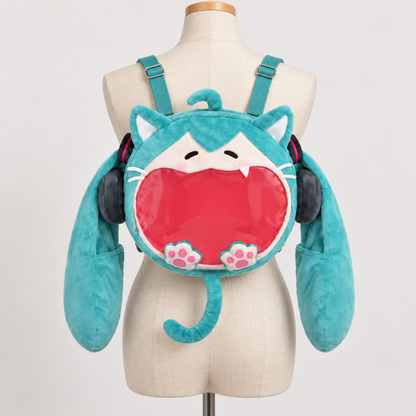 NyaNya plush ita backpack displayed on a dress form for approximate scale