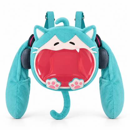 Hatsune Miku NyaNya plush ita backpack front view with teal twin tails