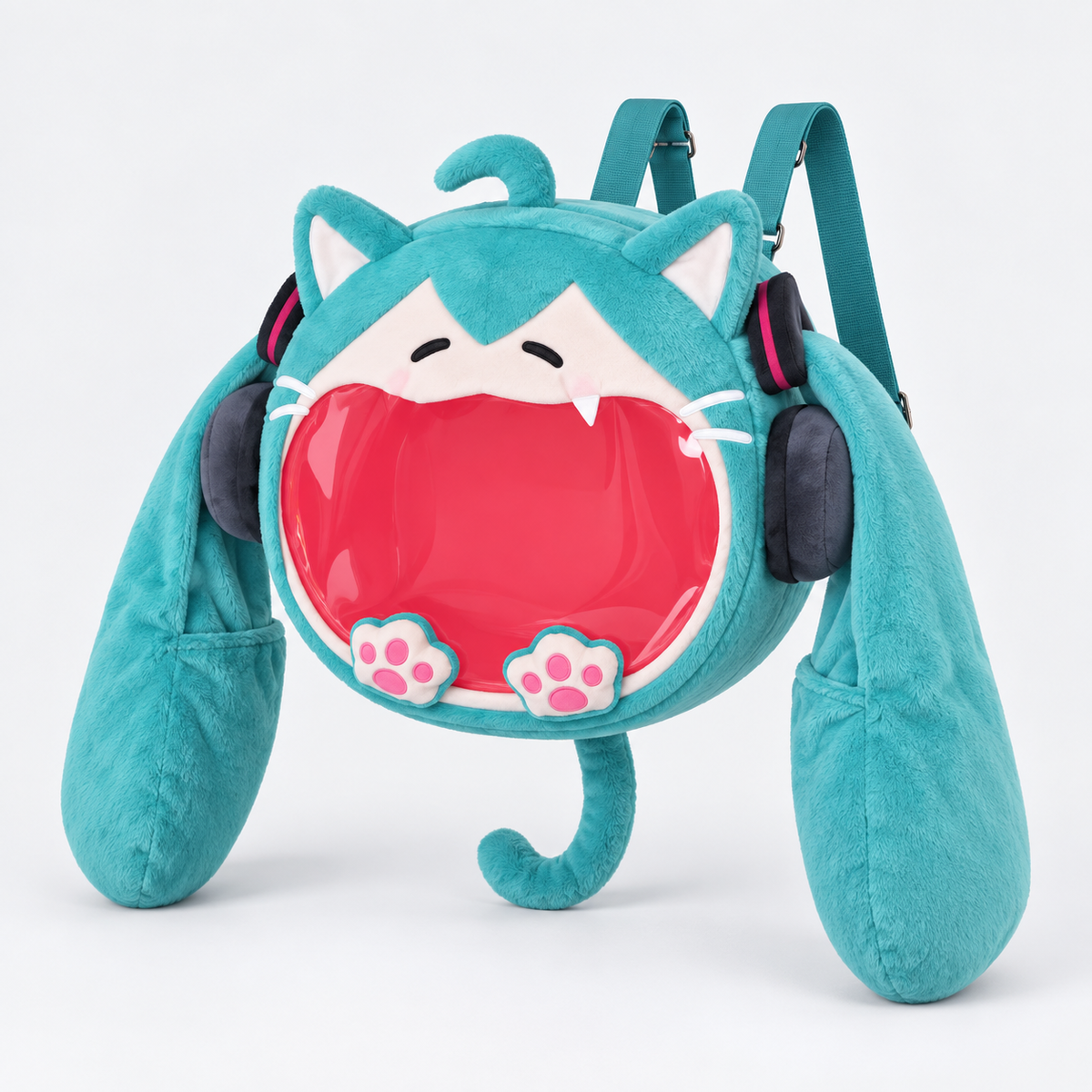 Three-quarter view of the Hatsune Miku cat-ear plush ita bag