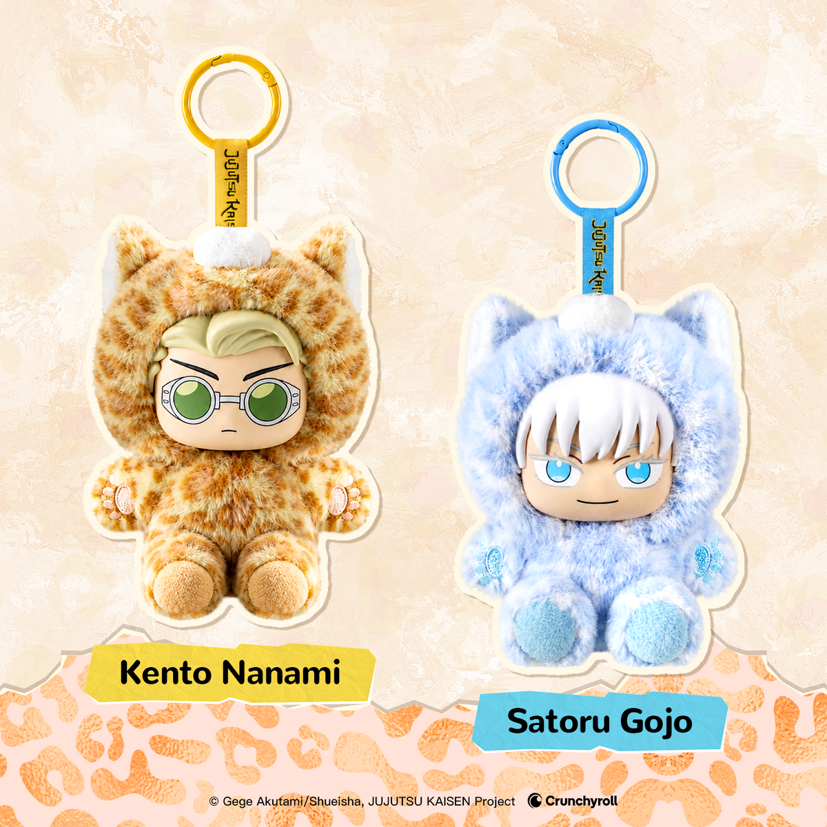 Possible Nanami and Gojo designs, showing plush texture, sculpted faces, paw embroidery and ring attachments.