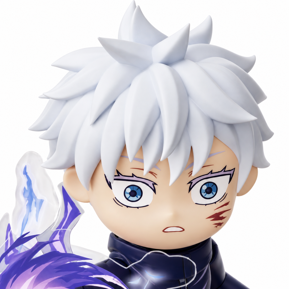 Satoru Gojo face detail showing white hair, blue eyes and printed cheek marks