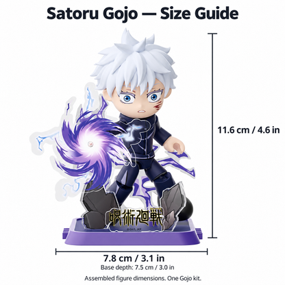 Satoru Gojo assembled figure size guide: 11.6 cm high, 7.8 cm wide and 7.5 cm deep