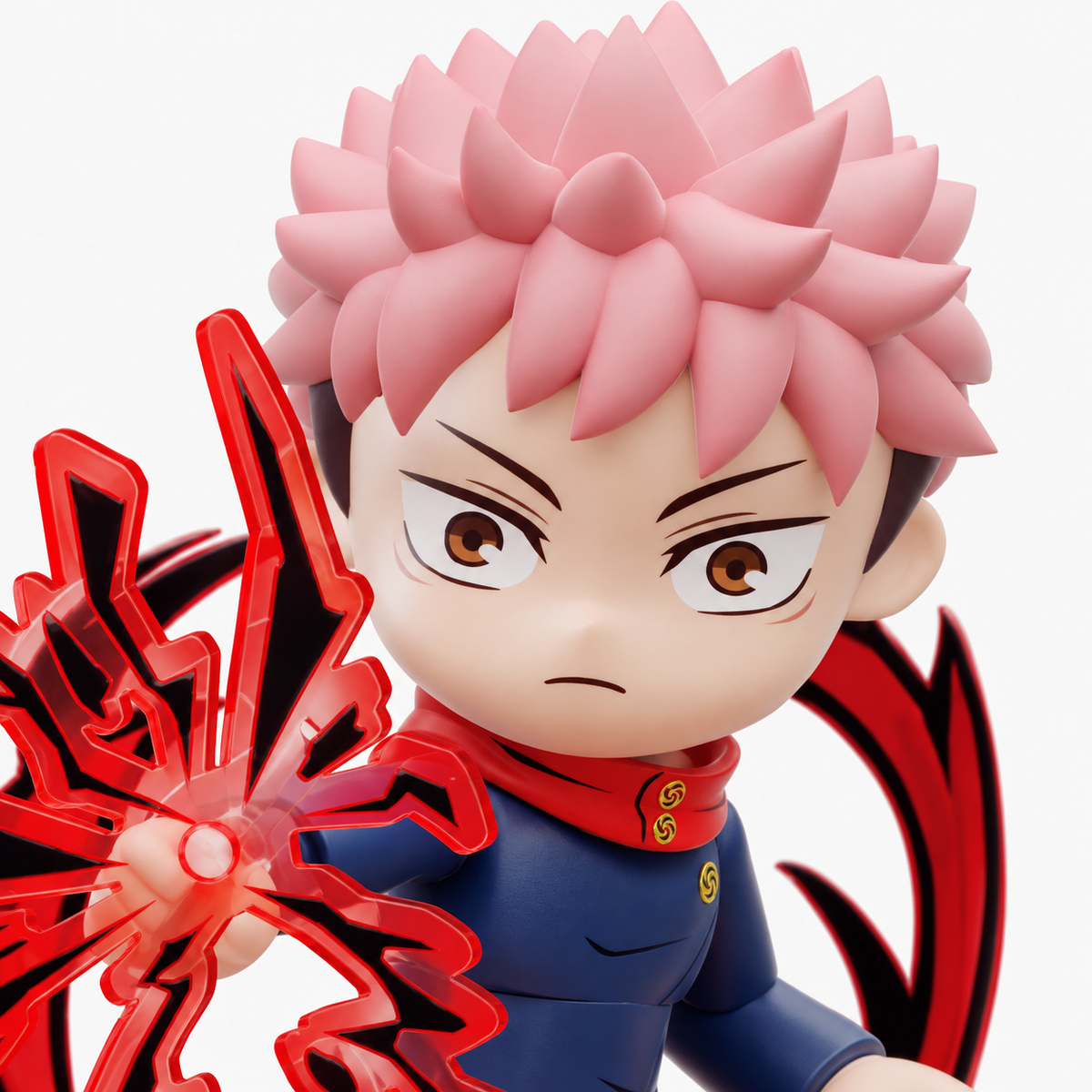 Yuji Itadori pink hair, brown eyes and uniform detail