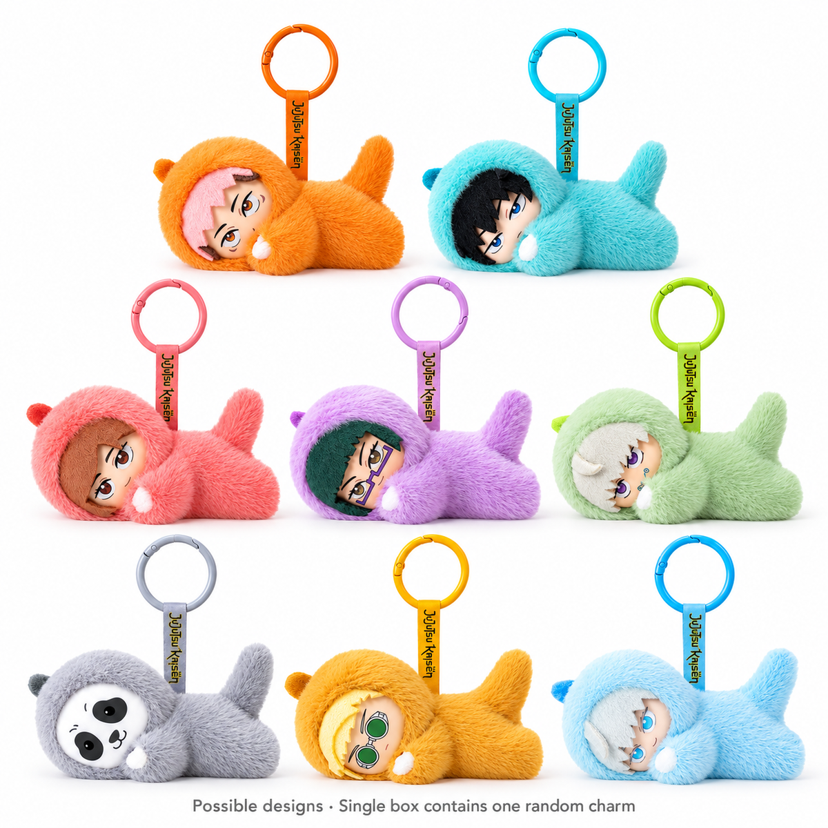 Eight possible regular Lazy Time Minis plush keychain designs; one random charm per single box