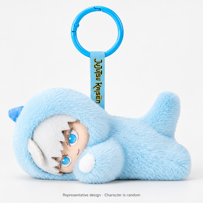 Representative Satoru Gojo design with blue dinosaur plush, printed face and circular clasp; character is random