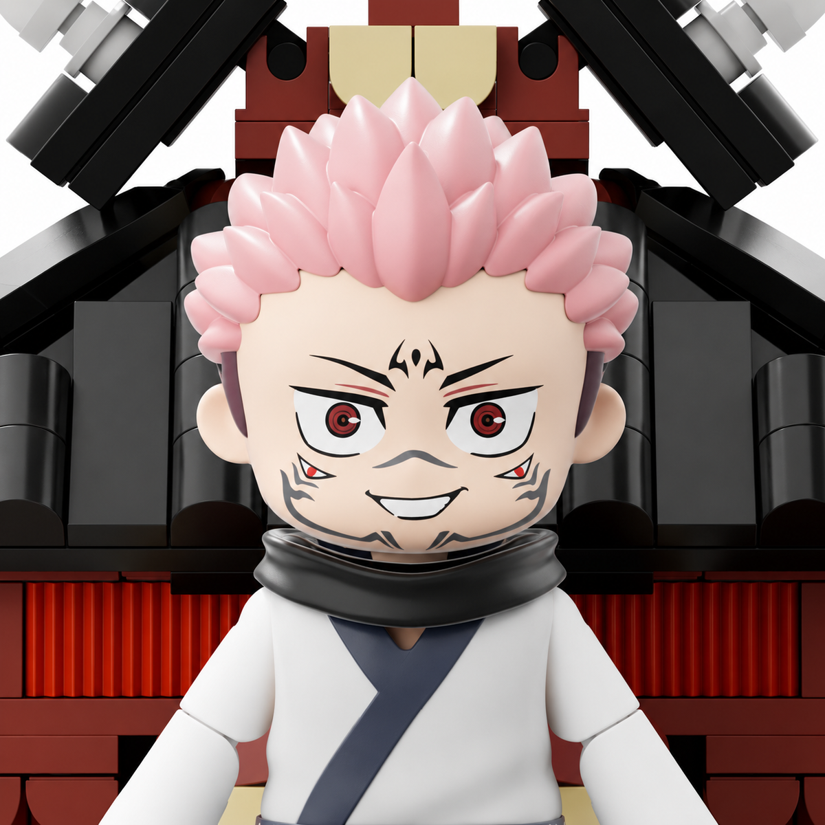 AI-assisted reference-guided facial detail of Sukuna in PUREMIND 2732, showing pink hair, forehead and cheek markings, black collar and crossed white robe.