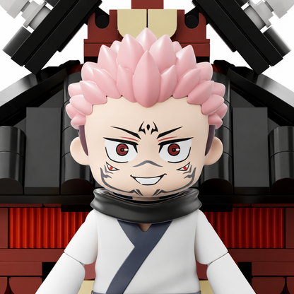 AI-assisted reference-guided facial detail of Sukuna in PUREMIND 2732, showing pink hair, forehead and cheek markings, black collar and crossed white robe.