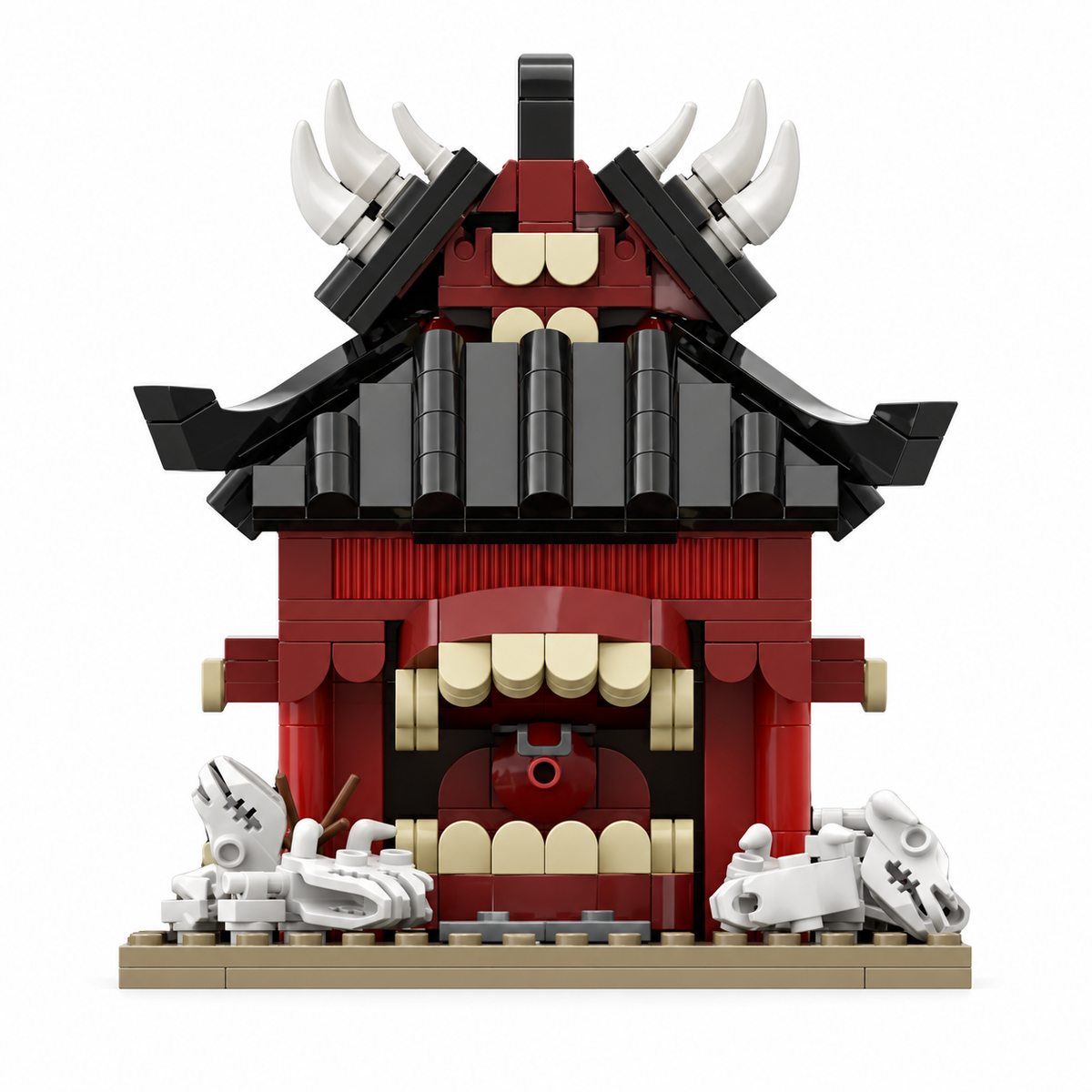 AI-assisted reference-guided front detail of the assembled Malevolent Shrine without Sukuna, showing roof horns, teeth and skull details; part of one building set.